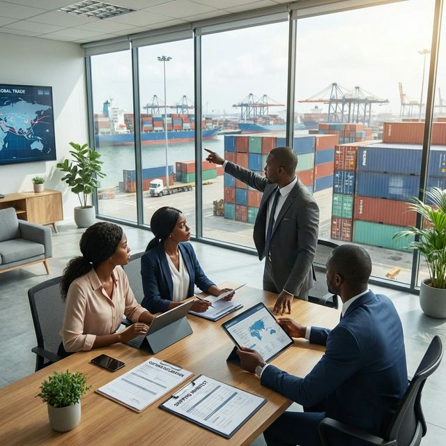 Illustration of a trade team reviewing shipping documents in a port-side office